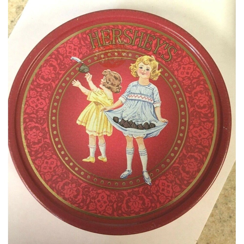 1995 Vintage Hershey's Kisses Red Round Metal Tin Two Girls 4.5" Diameter EUC